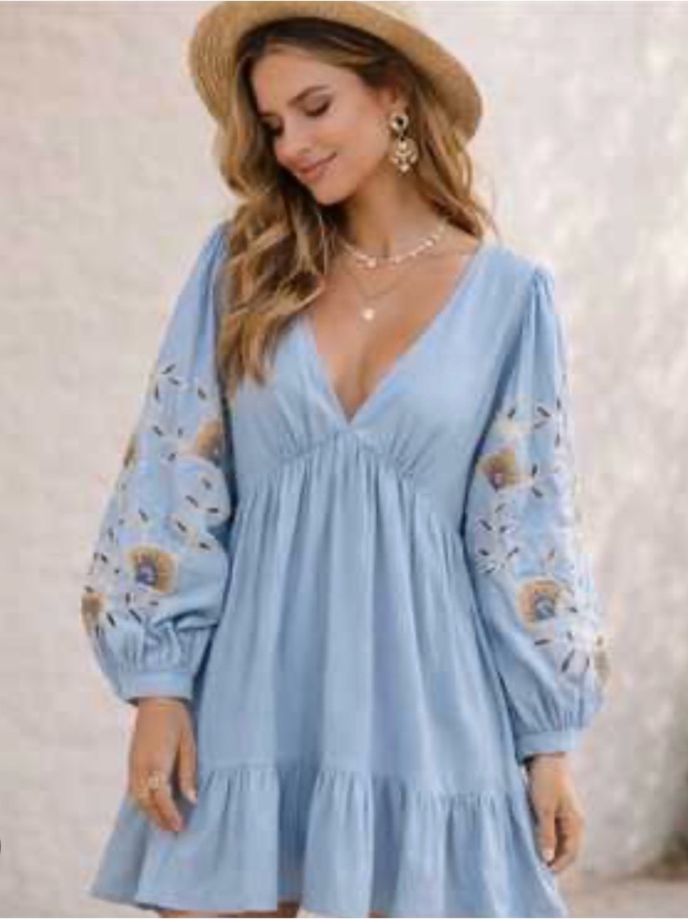 Zara Light Blue Embroidered V-Neck Mini Dress - Picture 1 of 5